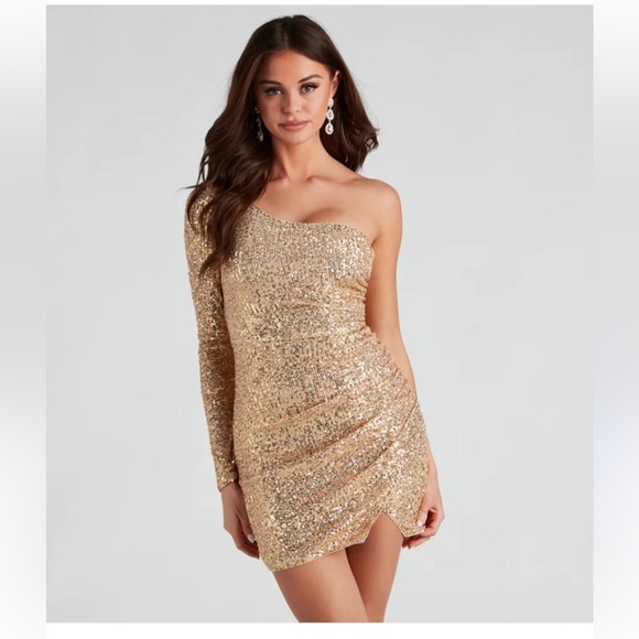 Windsor Dresses & Skirts - Windsor gold sequin one shoulder long sleeve mini dress cocktail event M new